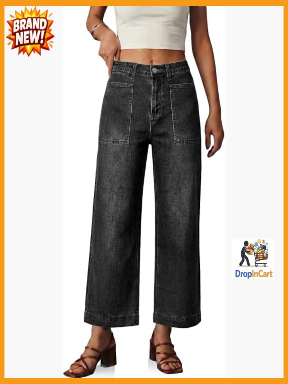 High Waisted Wide Leg Cropped Jeans Casual Baggy Denim Pants with Pockets